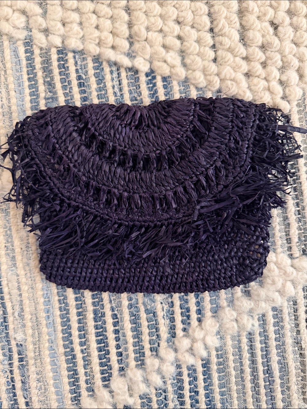 Handwoven Navy Straw Clutch with Fringe